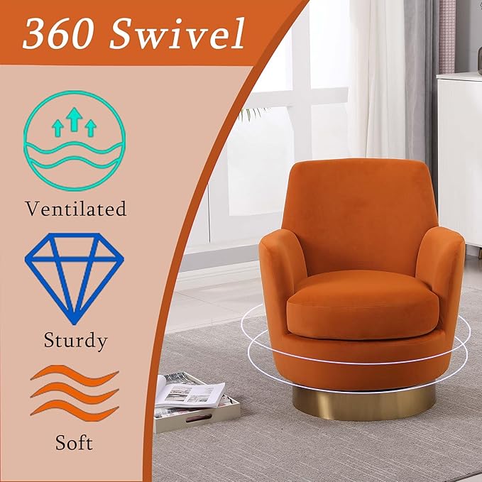 Velvet Swivel Accent Chairs for Living RoomComfy Swivel Barrel Chair with Foam Cushion Round Swivel Chair &amp Boucle Swivel Chair with High Back Round Armrest Gold Base (Orange 2)