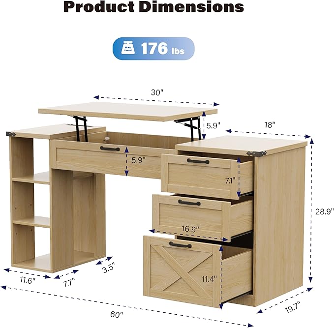 Farmhouse Lift Top Desk: Rustic Wood Standing Desk with 3 Drawers &amp Open Storage Shelves Adjustable Height White &amp Brown Home Office Computer Desk for Work Study Writing (Natural Oak)
