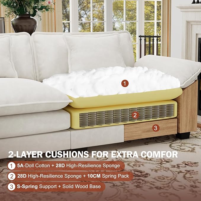 CDCASA 117 Oversized Modular Sectional Sofa with Corner Comfy V-Shaped Cloud Couch w/Ottoman 6-Seater Chenille Deep Seat Modern Sofa Couch for Living Room DIY Combination Beige
