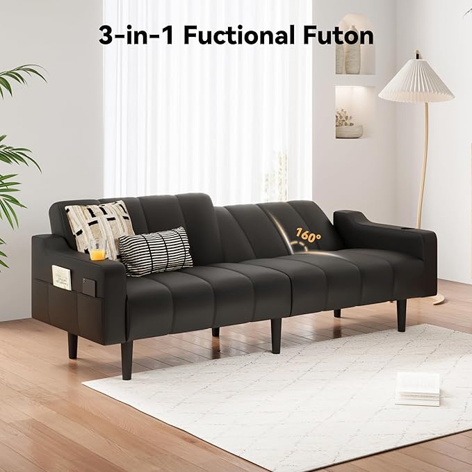Brelice 80'' Leather Couch Futon Sofa Bed Faux Leather Couch with Adjustable Backrest 2 Cup Holders &amp Side Pockets Mid Century Modern Sofa for Living Room Bedroom Black