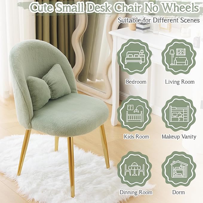 VINGLI Fluffy Girls Vanity Chair with Back &amp PillowCute Small Cozy Desk Chair No WheelsComfy Makeup Ch with Ajustable Gold Legsfor BedroomLiving RoomSmall SpaceGreen