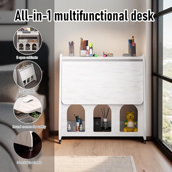 Pmnianhua Farmhouse Portable Desk on WheelsMobile WorkstationRolling Computer Desk with Wheels and Storage for Home Office Small Space(White)
