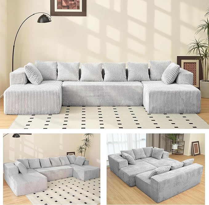 130 Modular Cloud Sectional Sofa with Chaise Deep Seat Plush Boneless Couch with Memory Foam Comfy Fluffy Couch U-Shaped Sectional Couches for Living Room No Assembly Required Grey