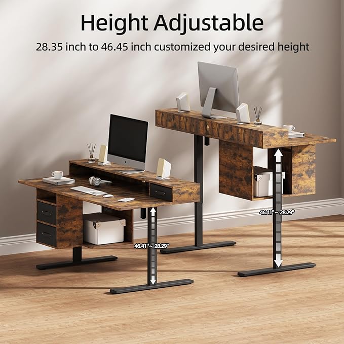 63x24 Inches Standing Desk with Drawers Electric Computer Desk with Open Storage Shelf Stand Up Desk Adjustable Height 28-46 Inches for Home and Computer Workstation Rustic Brown