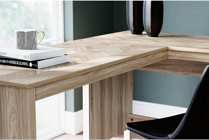 Signature Design by Ashley Battelle Casual L-Shaped Chevron Pattern 60 Home Office Desk with Return Drawer and Cabinet Light Brown