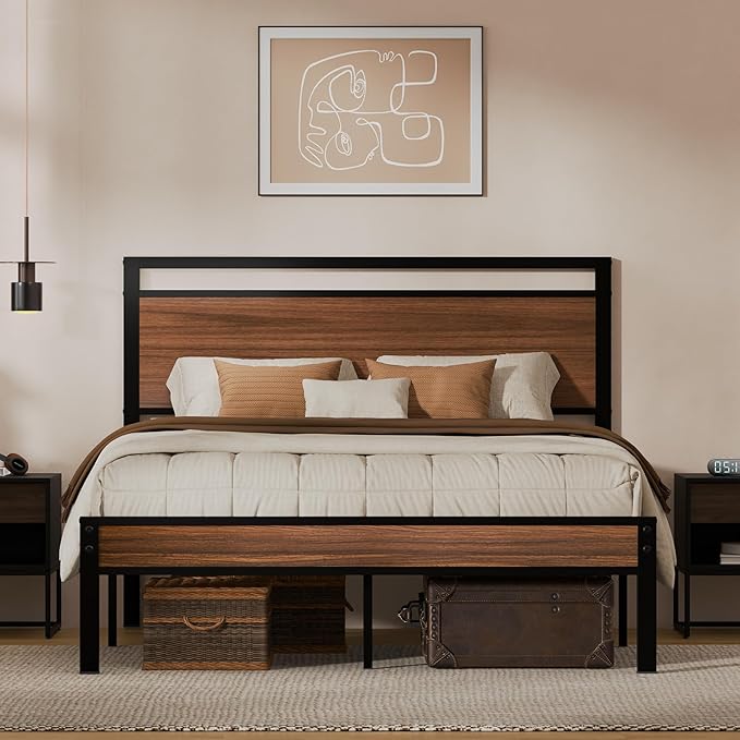 Easy Assembly Queen Bed Frame with Modern Wood Headboard &amp Footboard Upgraded Heavy Duty Metal Sturdy Bed Frame Queen Size Stable Platform Bed Furniture Bed Storage No Noise No Box Springs Wa