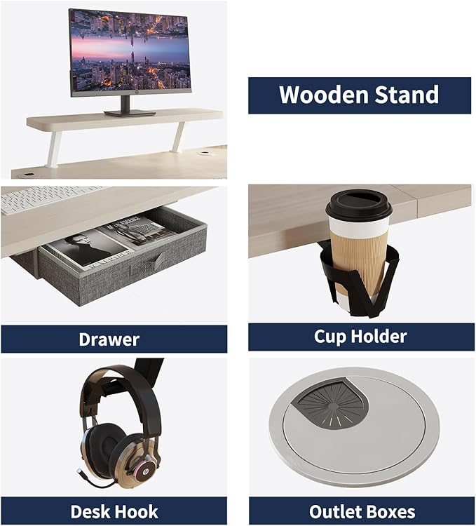 Electric Standing Desk with Drawer 55x30 Inches Height Adjustable Sit Stand Up Desk with Storage Shelf Home Office Desk Computer Workstation with White Pearwood Top/White Frame