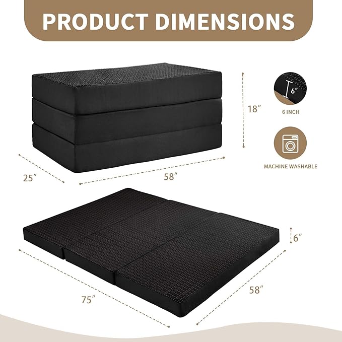 CYMULA Folding Mattress Queen Size Memory Foam 6 inch Tri Portable Trifold Mattress Futon Topper Queen with Breathable &amp Washable Cover Murphy Bed Guest BedBlack (58x75x6)