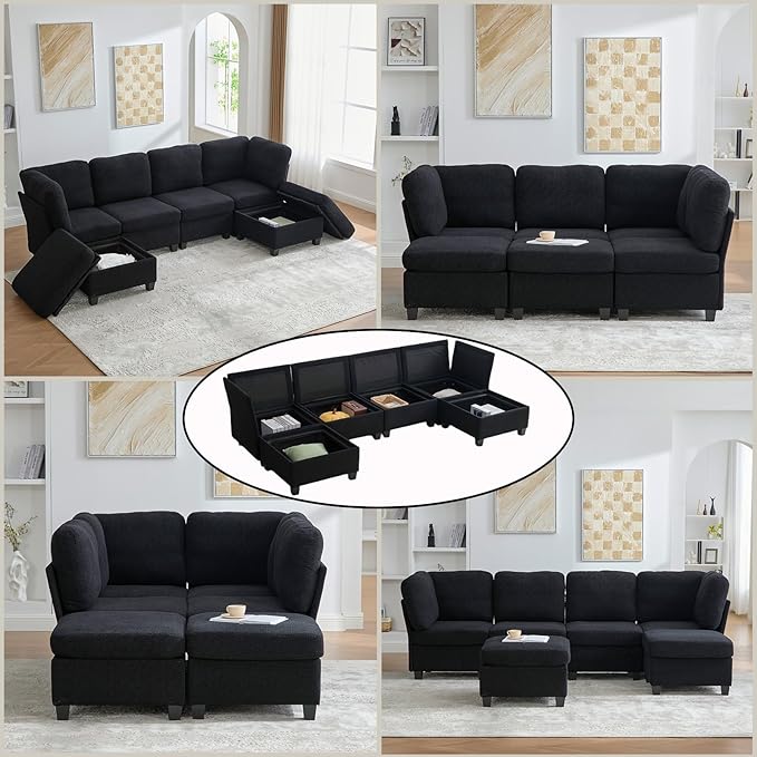 113 Modular Sectional Sofa Couch with Storage U Shaped 4 Seat Couches with Movable Ottoman Freely Combinable Deep Seat Sofa Upholstered Sectional Couches for Living Room Black