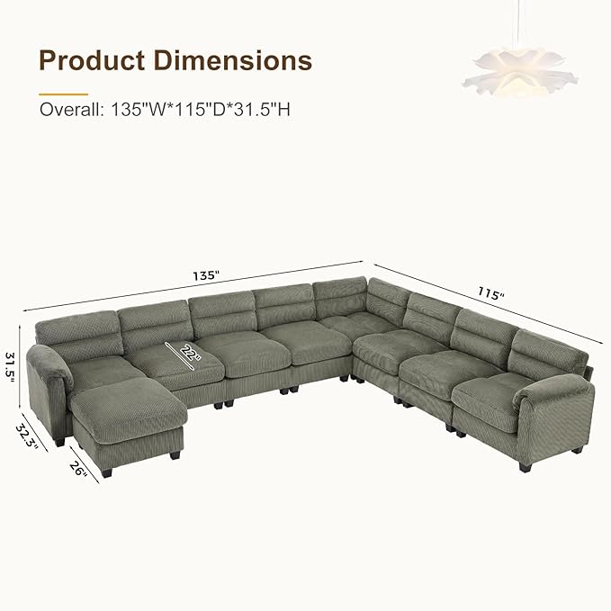 135” Modular Sectional L Shaped Corner Sofa with Movable Ottoman Corduroy 9-Seater Couches with Thick Cushion for Living Room Green