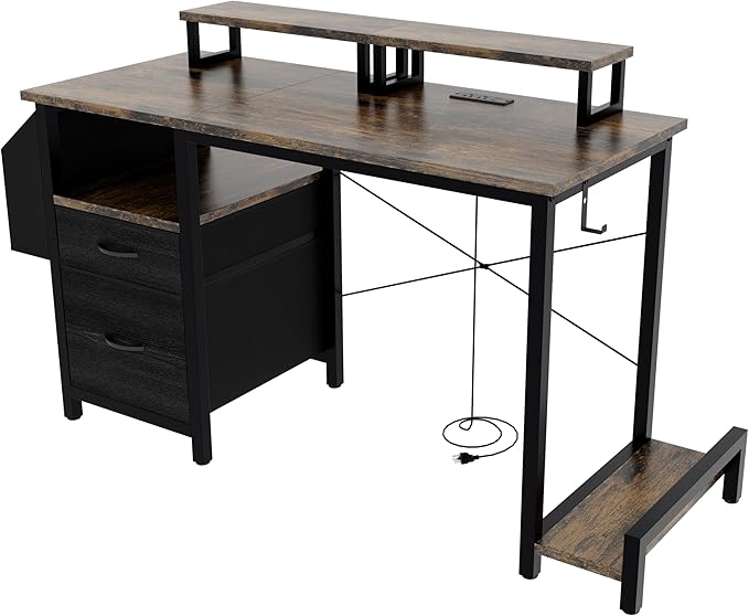 47'' Ergonomic Computer Desk with Dual Monitor Stands 2 Drawers &amp Built-in Power Outlets | Side Pocket | Reversible Cabinet | Adjustable Feet | Workstation for Home Office/Gaming/Study (Rustic Br
