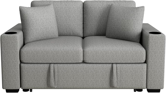 Convertible Pull-Out Sofa Bed 60.6 Modern Loveseat Sofa with Dual Cup Holders Removable Throw Pillows Chenille Fabric 2-Seater Sofa Chair for Living Room (Gray044)