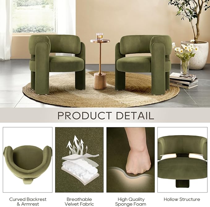COLAMY Modern Velvet Accent Chair Upholstered Barrel Chair Comfy Side Arm Chair with 3 Legs for Living Room Bedroom Reading Green