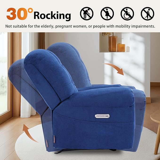 EONIX Power Rocker Recliner Chair Lazy Boy Recliner Rocking Chair for Adults and Nursery Electric Recliner Chair with Heat and Massage for Living Room Bedroom Study Room Relaxation Navy Blue