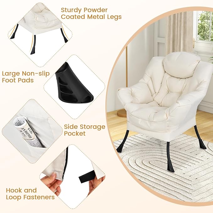 Single Lazy Sofa Chair Modern Lounge Chair Indoor w/Armrests &amp Side Storage Pocket Upholstered Comfy Reading Chair for Bedroom Living Room Office