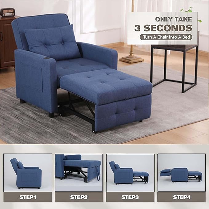Convertible Chair Bed Sleeper for Adults 3 In 1 Sofa Bed Chair with USB Bedroom Sleeper Chair Pull Out Beds with Adjustable Back &amp PocketFabric Chair That Turns Into Beds For Living Room(Navy B