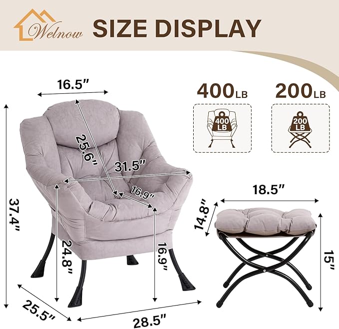 Welnow Lazy Chair with Ottoman Modern Accent Chair with Armrests and a Side Pocket Leisure Sofa Armchair Reading Armchair with Footrest for Small Space Light Grey