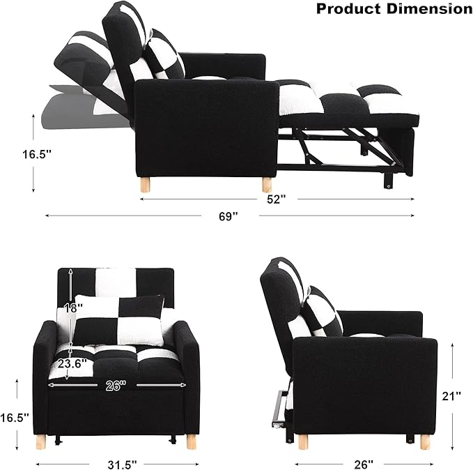 Sleeper Chair Bed Multi-Functional Convertible Chair Sleeper Teddy Fabric Adjustable Pull Out Sofa Bed with Lumbar for StudioDorm Apartment BedroomOfficeLiving Room (Black-White)