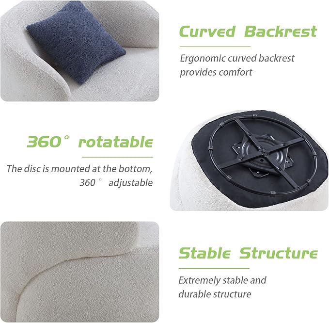 KEVINSPACE Swivel Accent Chair SwivelChairs for Living Room SwivelBarrelChair Round SwivelChair CornerChair Small Modern AccentChair Boucle 360°SwivelChair with Pillow Chair for Bedroom 35 W