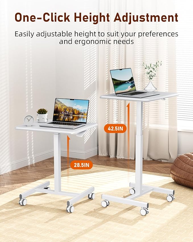 iPower Standing Desk Small Rolling Desk with Lockable Wheels Mobile Stand Up Desk Adjustable Height 28-43 Inch Portable Laptop Desk Small Computer Standing Table Sit Stand White