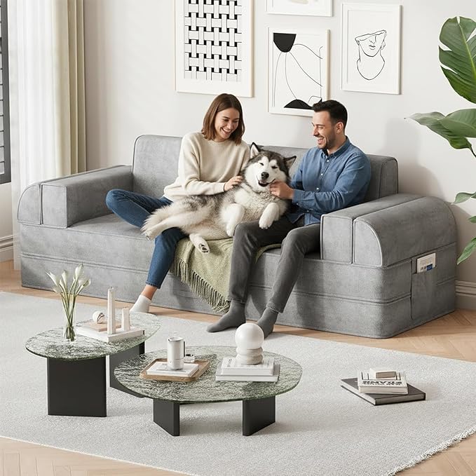 79 Multi-Style Convertible Sleeper Sofa Bed Loveseat Boneless Couch in a Box Folding Floor Mattress with Removable Pillows Armrests Side Pockets Fold Out Lounge Against the Wall Light Grey