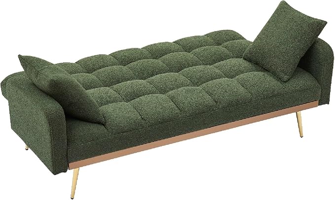 KEIKI 69 Folding Futon Sofa Couch w/Adjustable Backrest Mid Century Modern Loveseat Convertible to Sleeper Bed Small Comfy Teddy Cloud Couch SofaBed for Living Room &amp Bedroom 2 Pillows Green