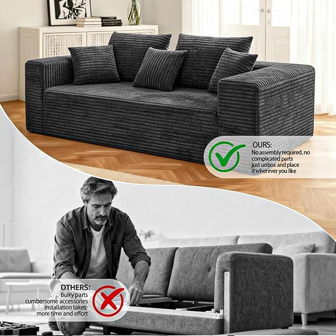 71 Cloud Boneless Loveseat Sofa Couch Bean Bag 3-Seater Couch with Memory Foam Corduroy Comfy Floor Sofa Deep Seat for Living Room Bedroom Apartment No Assembly (Black)