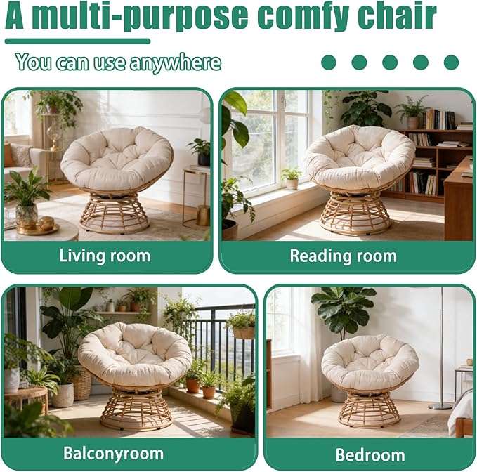 43 Ergonomic 360° Swivel Papasan Chair Wicker Round Chair with Thick Cushion Lounge Chair for Living Room Bedroom Reading Nook Indoor Outdoor Use Light Gray Cloud &amp Yellow Frame