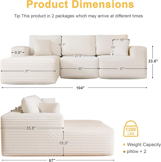 104 Modular Sectional Sofa with L-Shape Chaise Modern Upholstered Cloud Couches for Living Room Bedroom No Assembly Required Cream
