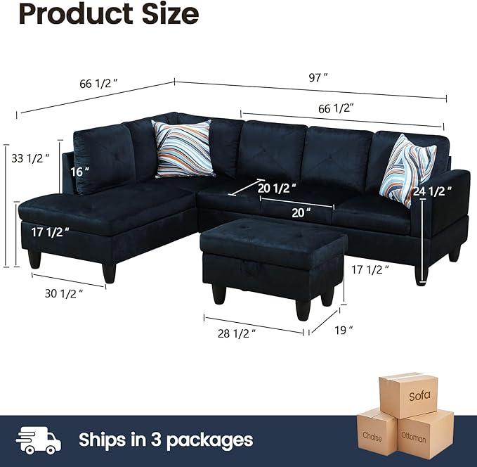Sectional Couches for Living Room Furniture Sets 4 Seat L Shaped Couches with Ottoman Modular Sectional Sofa for Apartment Furniture Sets Dark Blue