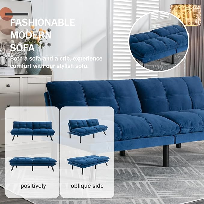 Convertible Futon Double Sofa Bed2 in 1 with Adjustable Backrest Memory Foam Loveseat for Living Room Bedroom Office Apartment Compact Sofa(Blue)
