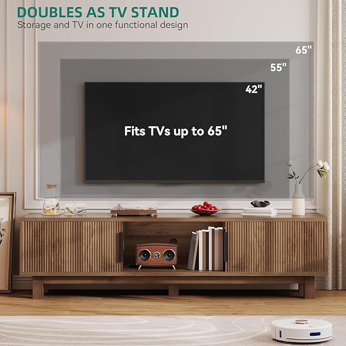 YITAHOME TV Stand for Living Room Mid Century Modern Entertainment Center for 55/60/65 inch TVs TV Console with Power Outlets &amp Adjustable Shelves Fluted Media Console (Walnut 59)