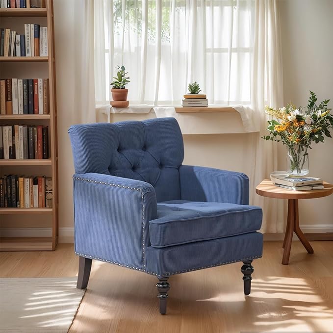 Chifee &amp Vingol Wingback Chair Upholstered Button Armchair Upholstered Living Room Chairs Comfy Single Sofa ChairLinen Blue