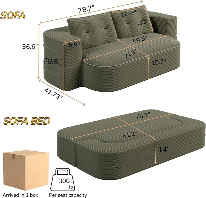 2 in 1 Convertible Folding Sofa Bed with Multi Functional BlanketCorduroy Loveseat Couch BedFull Size Floor Boneless Couches for Living Room BedroomGreen