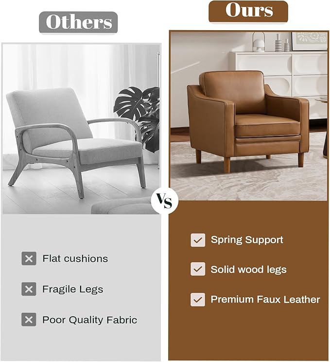 Kingfun Accent Chair Living Room Chairs Faux Leather Reading Armchair Mid Century with Solid Wood Foot Upholstered Modern Decor for Bedroom Apartment Brown