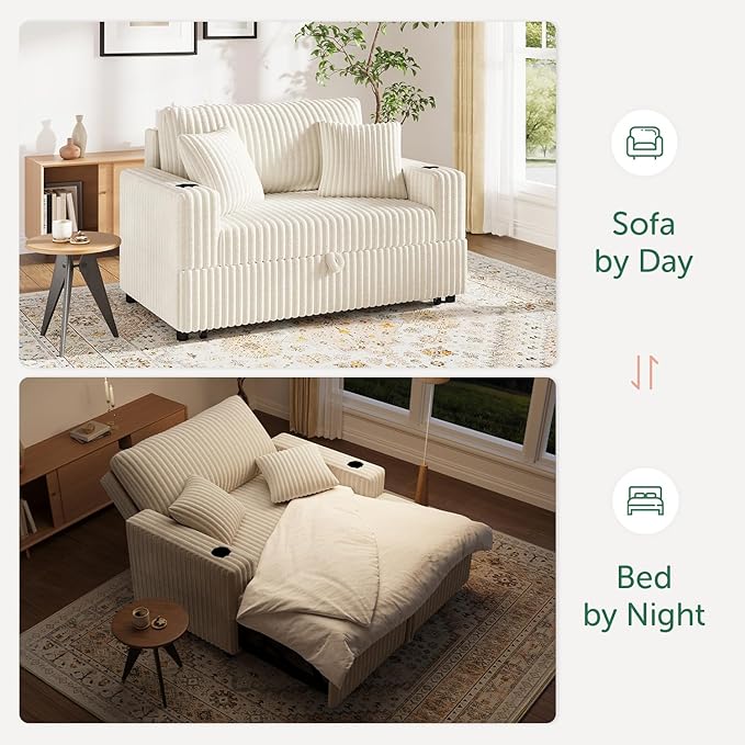 52” 3-in-1 Convertible Pull-Out Sofa Bed Sleeper Loveseat with Built-in Cup Holders Reclining Backrest Pet-Friendly Corduroy Sofa for Small Space - White