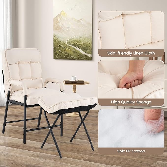 Giantex Modern Accent Chair with Ottoman Upholstered Arm Chair with Adjustable Backrest &amp Solid Metal Frame Linen Fabric Single Sofa Chair and Footrest Set for Bedroom Living Room (Beige)