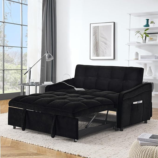 Sleeper Sofa Couch with Type C USB Port 3 in 1 Modern Velvet Convertible Loveseat Sofa w/Pull Out Bed Curved Armrest for Small Space Livingroom Apartment Office Black