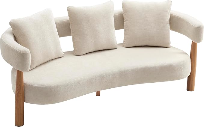 Christopher Knight Home Yulez Curved 3-Seater Sofa Couch with 3 Accent Pillows Chenille Fabric Upholstered Lounge Seating 76.5'' Home Office Bedroom Sofa Chair Comfy Wooden Frame Sofa Beige
