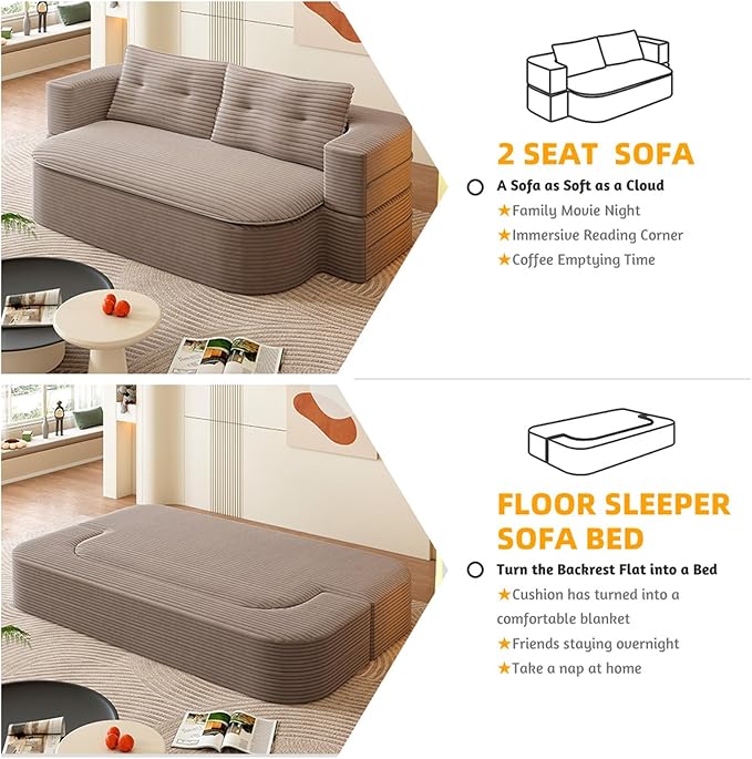 78.7 Full Size Memory Foam Couch Plush Corduroy Sofa Floor Sofa Bed with Multi Functional Blanket 2 in 1 Convertible Folding Sofa Bed for Living Room Offices No Assembly Required (Coffee)