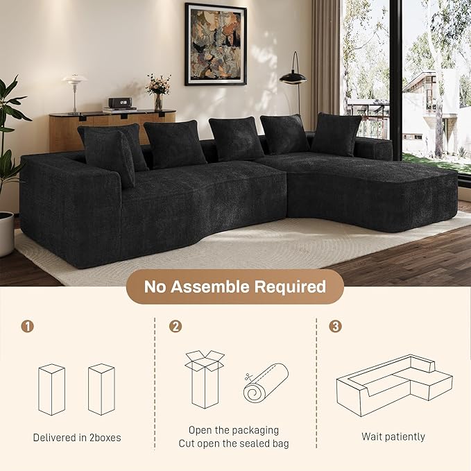 134'' Cloud Couch Modular Sectional Sofa Comfy L Shaped Couches for Living Room Fluffy Chenille 5 Seater Boneless Couch with Oversized Chaise &amp Deep Seat No Assembly Required(Black)