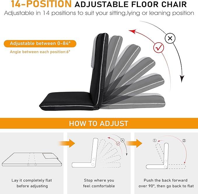 Floor Chair with Back Support 14-Position Adjustable Floor Chair Portable Ground Seating for Adults &amp Kids Foldable Meditation Seat with Japanese KOYO Bearings &amp Washable Linen Cover (Black)