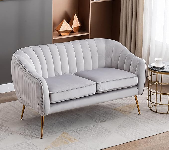 Artechworks Contemporary Tufted Velvet Tub Barrel Loveseat Sofa Chair Upholstered Couch with Golden Metal Legs Club Two-Seat Sofa for Living Reading Room Bedroom Apartment Small Space Dorm Grey