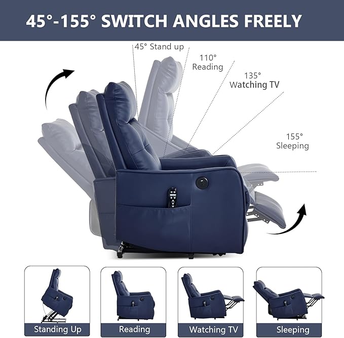 Small Power Lift Chair Recliner for Elderly Petite Power Recliner Chair with Massage and Heat | USB | High Back | Push Button | Side Pockets Liviing Room Easy Assembly (PU Leather Dark Blue)