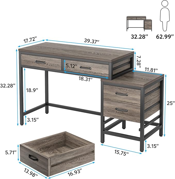 Little Tree 5 Drawers Computer Desk Desk with Reversible File Drawer Cabinet for Home OfficeGrey