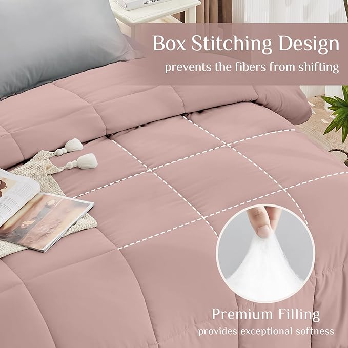 JOLLYVOGUE Twin XL Comforter Set Ultra-Soft Bed in a Bag Twin XL Size 5 Pieces Oeko-TEX Certified Bedding Set with Down Alternative Comforter Sheets Pillowcases &amp Shams Pink &amp Light Grey