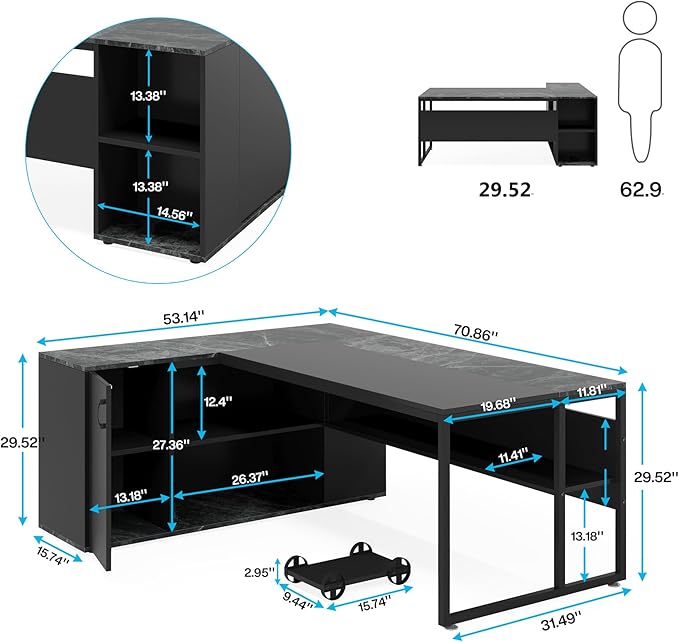LITTLE TREE Large Executive Desk with File Cabinet 71 inch L Shaped Computer Desk Office Desk with Drawers and Storage Shelves Business Furniture Desk Workstation for Home Office Black
