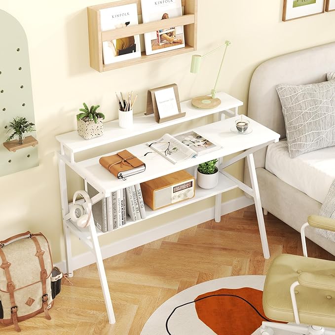 Giantex Small Desk with Storage Compact Computer Desk for Small Spaces with Monitor Stand Metal Frame &amp Earphone Hook Laptop PC Table Modern Writing Desk for Home Office Bedroom (White)