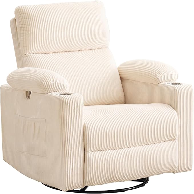Power Recliner with Adjustable Armrests Rocking Chair Nursery with Massage and Heat Electric Glider Recliner Nursing Chair for Breastfeeding Swivel Rocker Recliner Corduroy Beige