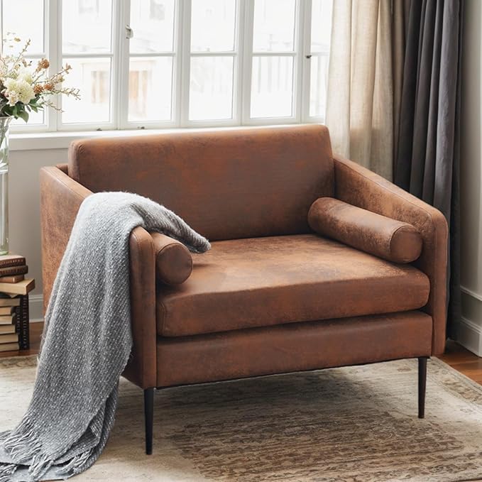 Karl home Mid-Century Club Chair 38.2 Living Room Sofa Oversized Bronzing Cloth Upholstered Accent Chair with Metal Legs for Living Room Bedroom Balcony Apartment Office Brown